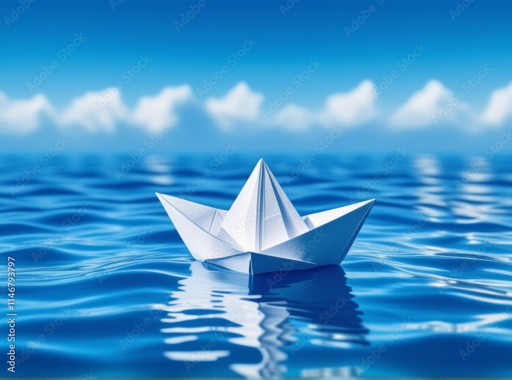 Paper boat floats serenely on calm blue water under bright sky and fluffy clouds Paper boat floats serenely on calm blue water under bright sky and fluffy clouds