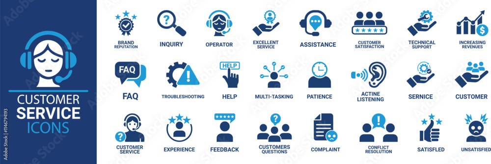Customer service icon set. Containing customer satisfied, assistance, experience, feedback, operator and technical support icons. Solid icon collection.