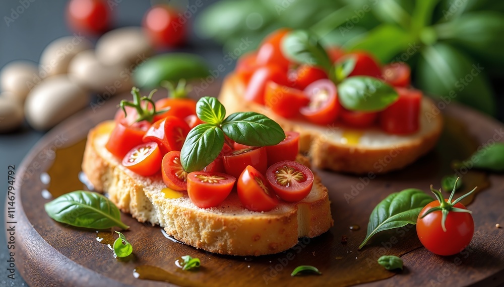 Fresh bruschetta with cherry tomatoes and basil on wooden board, perfect for food blogs Fresh bruschetta with cherry tomatoes and basil on wooden board, perfect for food blogs
