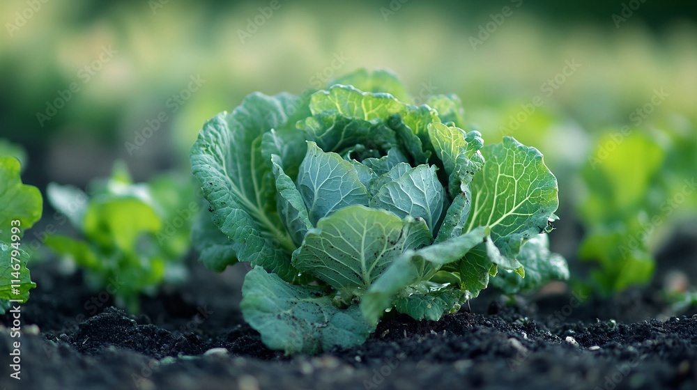 A cabbage plant growing in a field. A cabbage plant growing in a field.