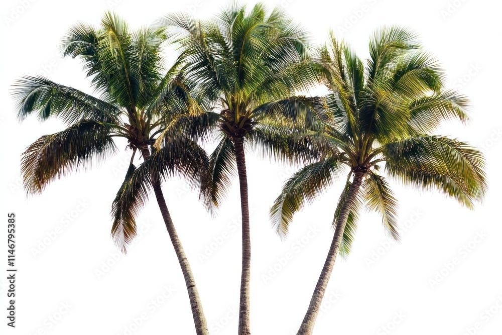 Obraz premium Three lush green coconut palm trees isolated on white background.