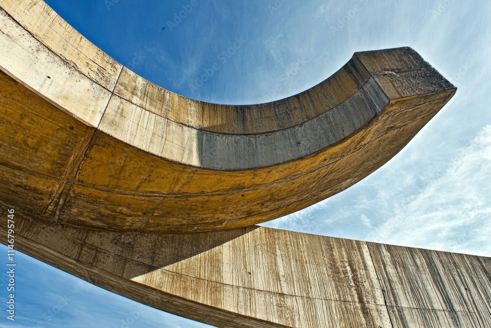 Fototapeta premium A close-up view of a curved concrete structure against a blue sky.