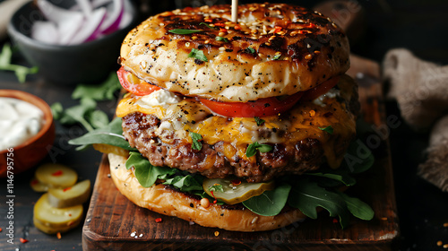 A gourmet burger with a juicy beef patty, melted cheese, fresh lettuce, tomato, and pickles, illuminated with cinematic lighting for a rich and appetizing look. photo