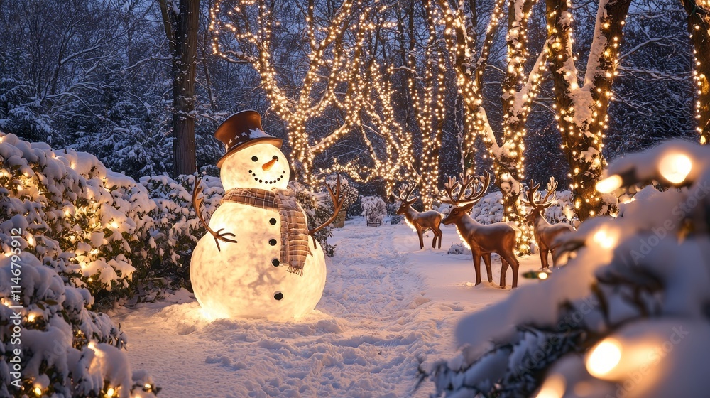 Fototapeta premium Snowman Surrounded by Twinkling Holiday Lights in a Winter Wonderland Scene