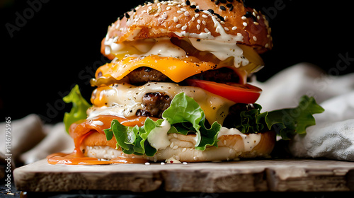 A gourmet burger with a juicy beef patty, melted cheese, fresh lettuce, tomato, and pickles, illuminated with cinematic lighting for a rich and appetizing look. photo