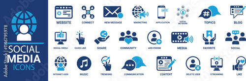 Social Media icon set. Online community, media, website, blog, content, business marketing and social network icons. Solid icon collection.