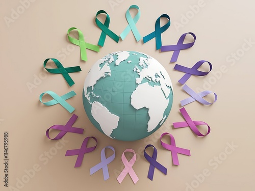 Purple ribbon and the text on pastel paper background
