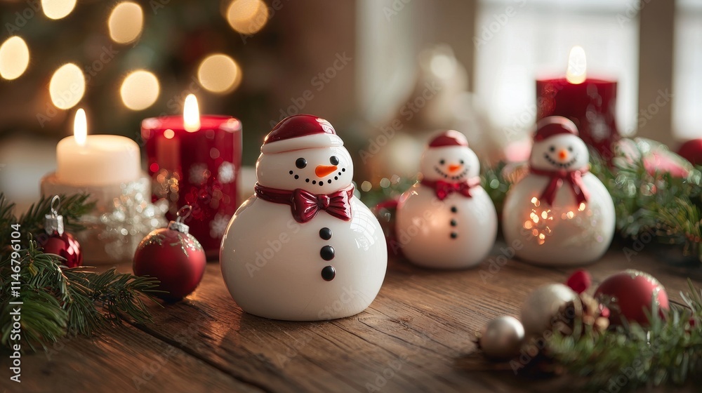 Charming Holiday Decor with Snowman Figurines, Candles, and Evergreen Accents in a Festive Setting