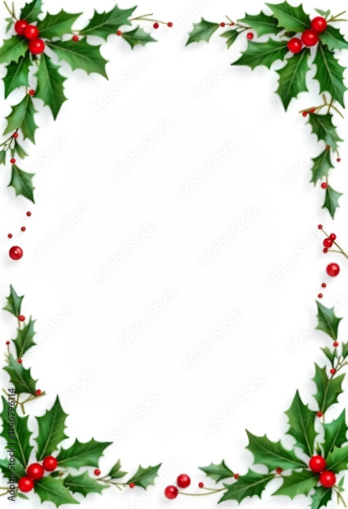 A festive holiday background with holly leaves and berries along the edges, creating a decorative border around a blank white space in the center A festive holiday background with holly leaves and berries along the edges, creating a decorative border around a blank white space in the center