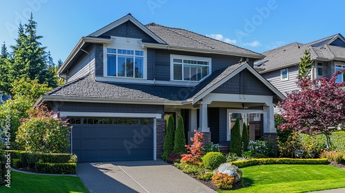 Beautiful modern house with landscaped garden under a clear blue sky, showcasing elegant architecture and vibrant greenery, ideal for real estate and home improvement projects.