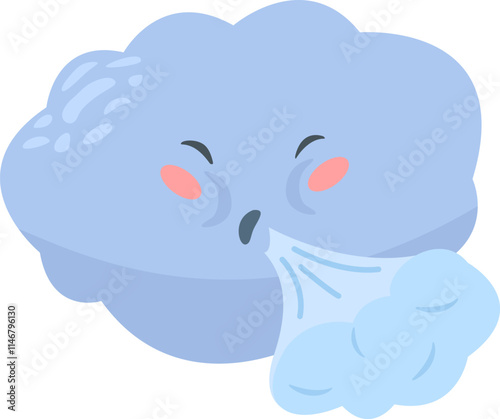 Cartoon cloud is blowing cold wind with its mouth, creating a gust of air, ideal for representing weather, meteorology, winter, or a funny character