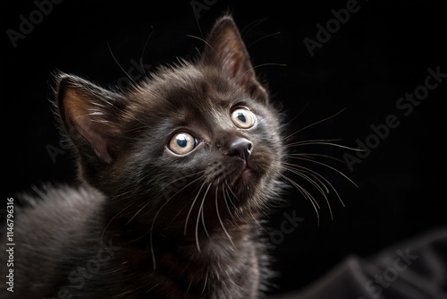 Adorable Black Kitten Gazing with Big Innocent Eyes on Dramatic Black Background