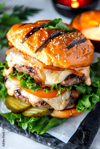 A gourmet burger with a juicy beef patty, melted cheese, fresh lettuce, tomato, and pickles, illuminated with cinematic lighting for a rich and appetizing look. photo