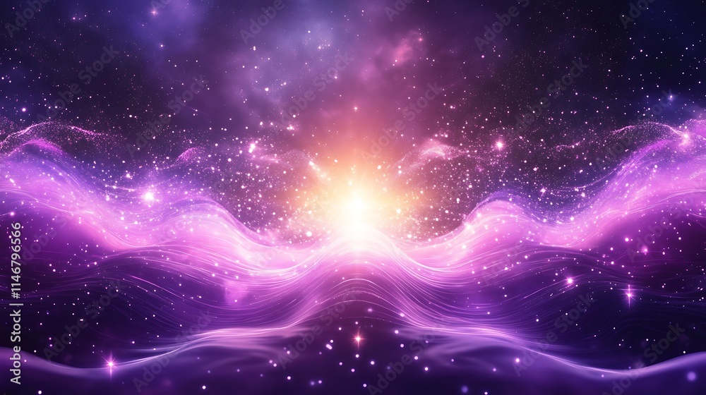 Obraz premium A captivating scene of purple light waves rippling through a digital expanse, adorned with glowing particles and shimmering stars, evoking a sense of cosmic wonder and innovation