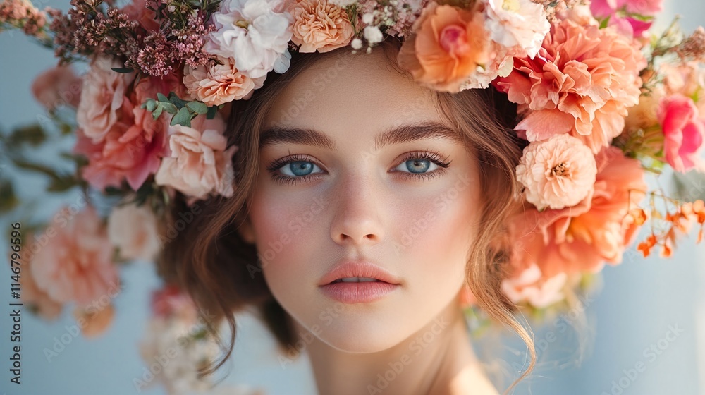 Obraz premium portrait of a young woman with blue eyes and brown hair wearing a pink flower crown.