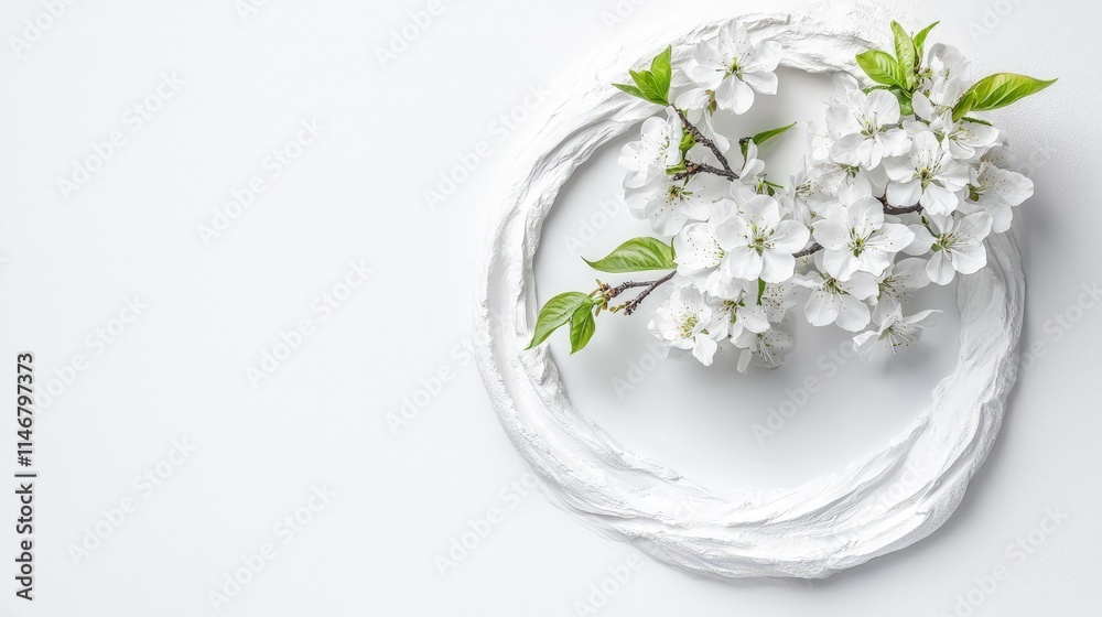 White blossoms on a textured circular base. White blossoms on a textured circular base.