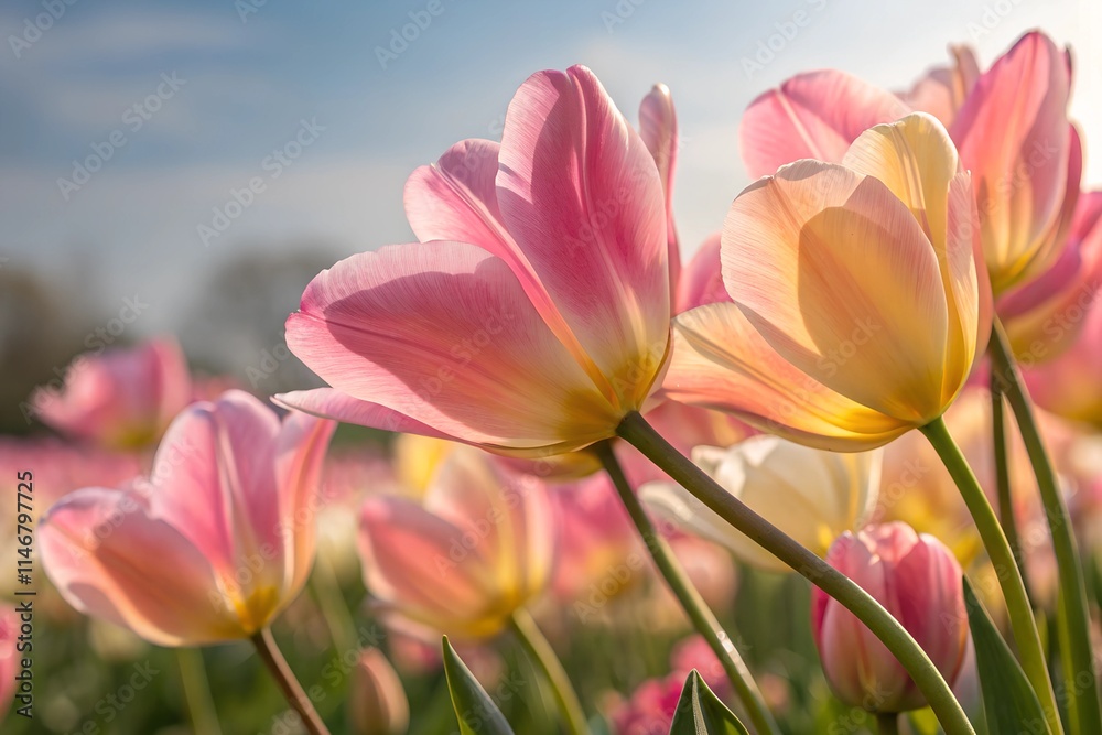 Naklejka premium macro Vibrant Pink and Yellow Tulips in Full Bloom on a Sunny Spring Day