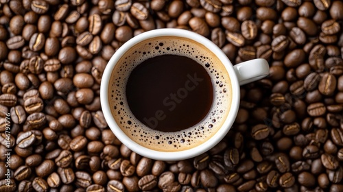 Espresso cup on roasted coffee beans. photo