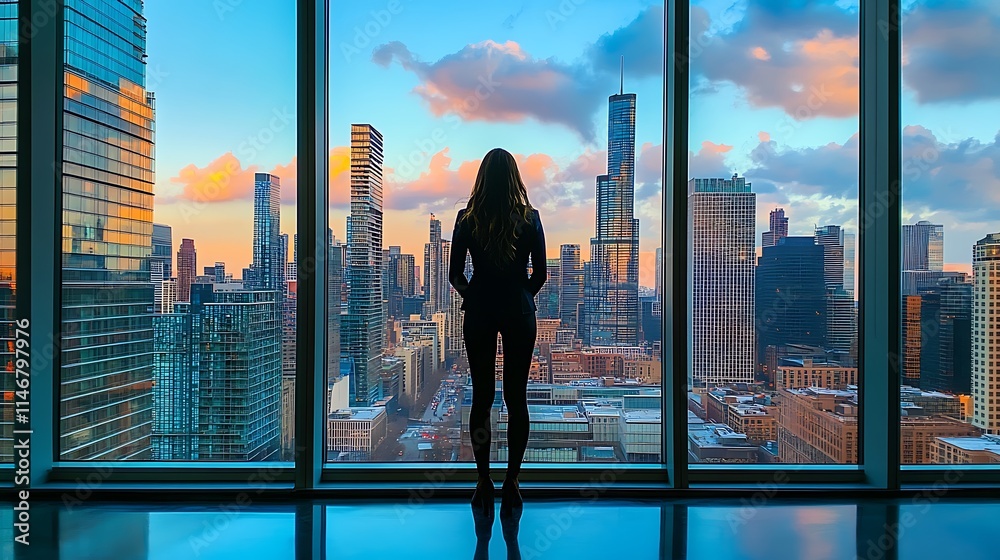 Fototapeta premium A female CEO standing in front of a large window overlooking a city skyline, symbolizing strength, success, and leadership