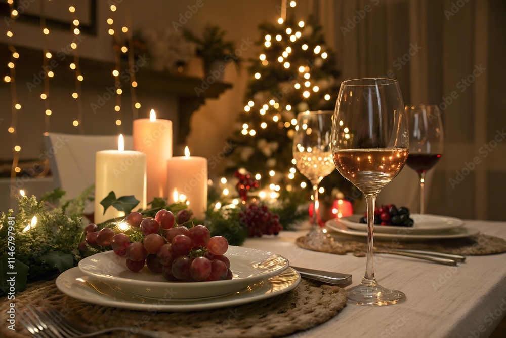 Romantic Candlelit Dinner with Wine Glasses and Grapes Amid Holiday Lights