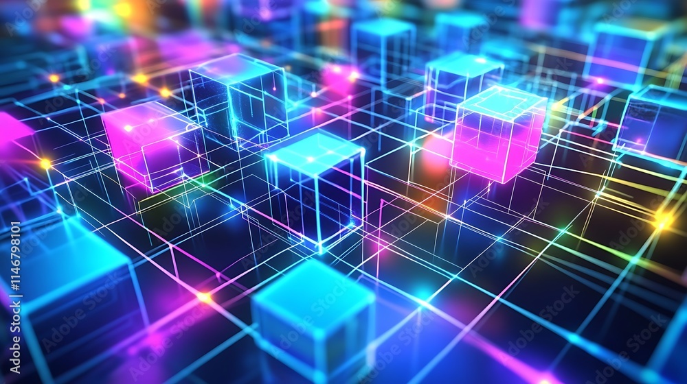 Obraz premium A dynamic metaverse-inspired scene showcasing a network of luminous cubes and blocks, interconnected by shimmering tech lines, representing advanced digital architecture and innovation