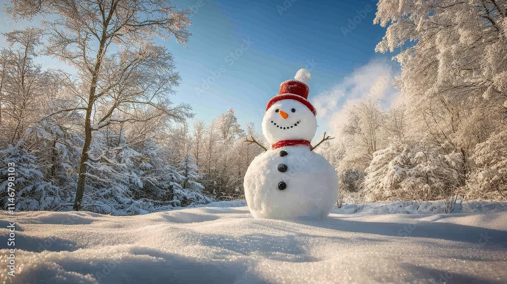 Obraz premium Snowman in a Winter Wonderland Among Snowy Trees Under Blue Sky