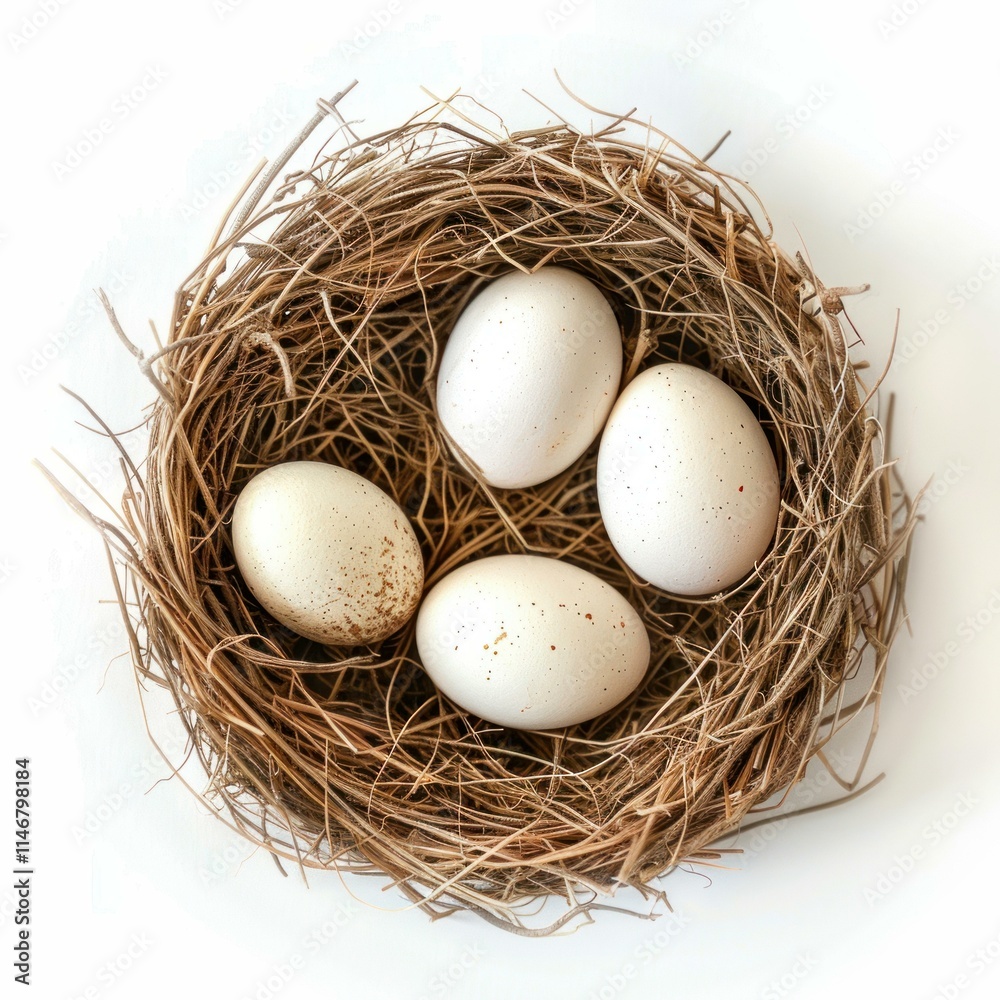 Four speckled white eggs lying in a bird's nest made of dry twigs, evoking concepts of fragility, new life, and nature's beauty Four speckled white eggs lying in a bird's nest made of dry twigs, evoking concepts of fragility, new life, and nature's beauty