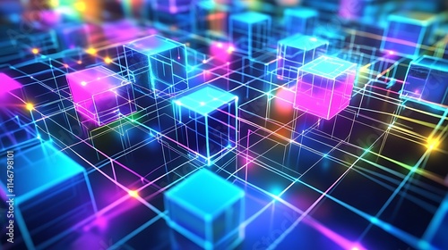 A dynamic metaverse-inspired scene showcasing a network of luminous cubes and blocks, interconnected by shimmering tech lines, representing advanced digital architecture and innovation