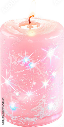 Pink candle with a blue and white sparkles on it