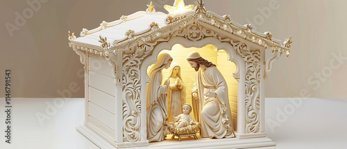 A high-detail white wooden nativity scene with gold accents portrays Mary and Joseph in reverence before baby Jesus in a manger. photo