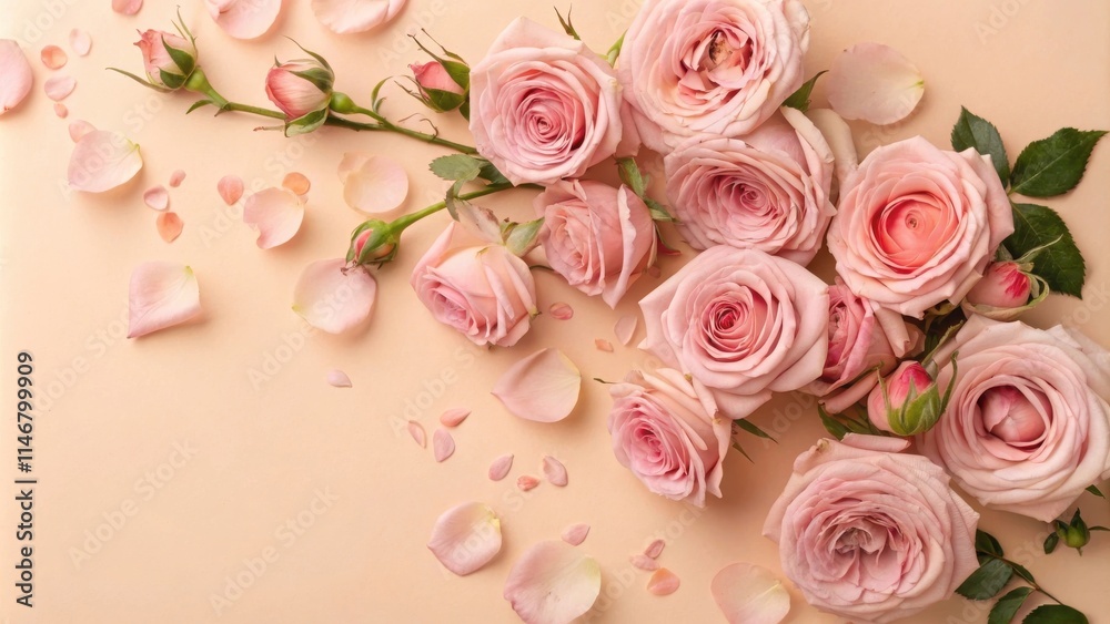 Pink roses and petals scattered on a light peach background. They create a romantic and delicate scene, perfect for a greeting card or wedding invitation. Pink roses and petals scattered on a light peach background. They create a romantic and delicate scene, perfect for a greeting card or wedding invitation.