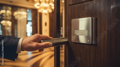 Modern Luxury: Guest Holding Keycard at Electronic Door Lock in Upscale Hotel Hallway photo