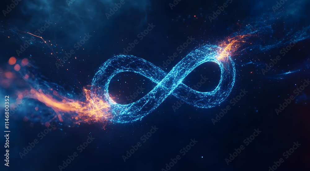 3D infinity symbol, glowing light effect with blue and purple colors on a dark background, digital technology concept