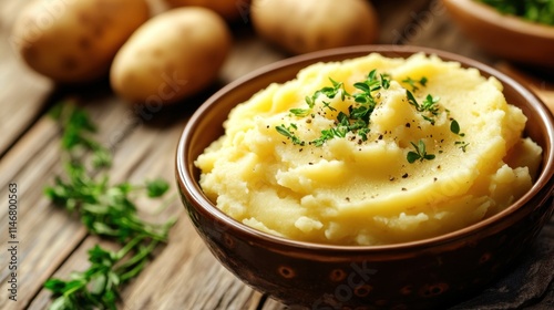 Creamy Mashed Potatoes with Fresh Herbs on Rustic Wooden Table