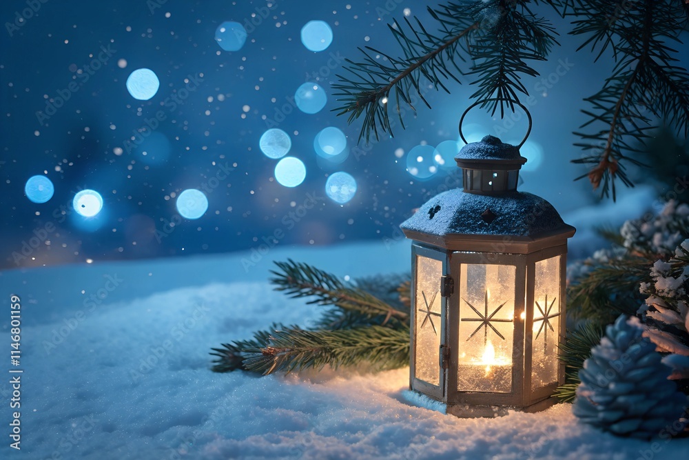Christmas Lantern On Snow With Fir Branch With Bokeh Lights In Blue Abstract Eve Night Christmas Lantern On Snow With Fir Branch With Bokeh Lights In Blue Abstract Eve Night