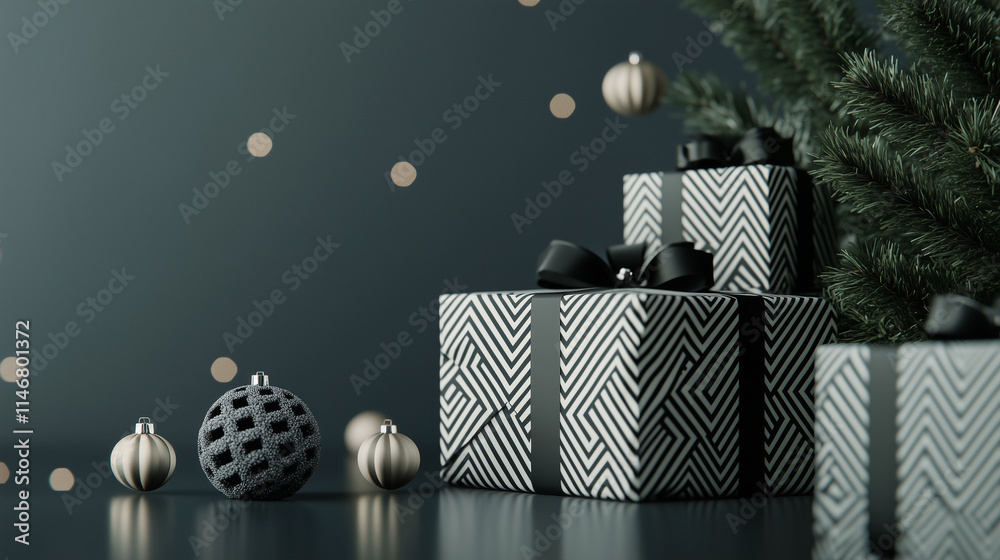 A modern aesthetic of 3D-rendered Christmas gifts wrapped in monochrome paper with geometric designs, positioned on a sleek surface with minimal holiday decor and ample copy space