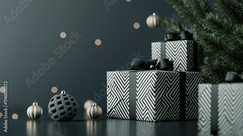 A modern aesthetic of 3D-rendered Christmas gifts wrapped in monochrome paper with geometric designs, positioned on a sleek surface with minimal holiday decor and ample copy space