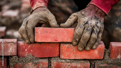 Skilled Laborer Laying Brick in Construction Site with Dirty Hands photo