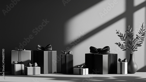 Obraz na płótnie A sleek 3D render of minimalist Christmas gifts featuring monochrome wrapping and simple ribbons, arranged neatly on a clean, modern surface, with subtle geometric shapes and sparse holiday decor w salonie