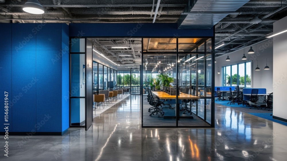 Modern Open Office Space with Glass Walls and Bright Lighting Modern Open Office Space with Glass Walls and Bright Lighting