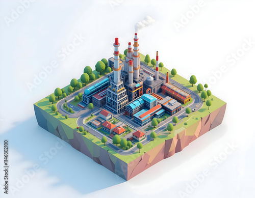 Low Poly Industrial Power Plant Complex on Floating Island