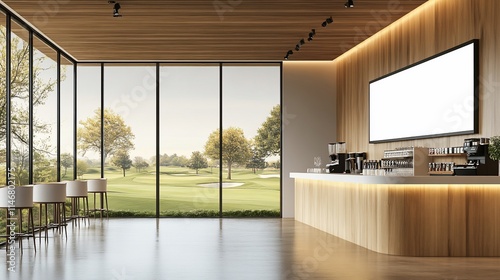 Modern cafe interior with golf course view.