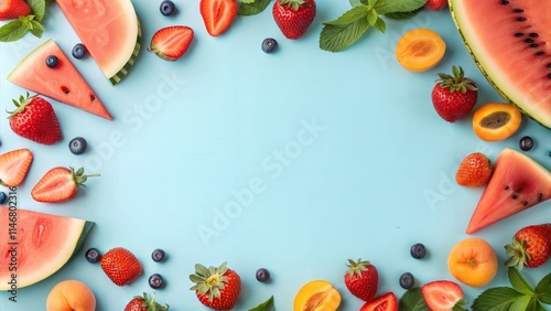 Fototapeta Naklejka Na Ścianę i Meble -  fruits watermelon strawberries blueberries raspberries peaches baby blue background fresh healthy eating summer vibes abundance