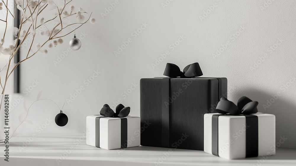 A chic display of minimalist 3D-rendered Christmas gifts wrapped in monochrome colors and adorned with simple ribbons, situated on a clean surface with sparse yet elegant holiday decor