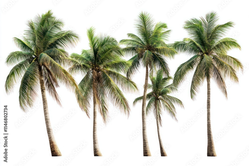 Obraz premium Five lush coconut palm trees isolated on white background.