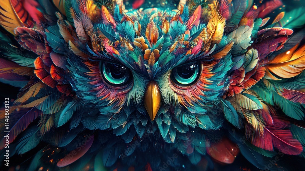 Obraz premium Colorful owl portrait with vibrant feathers.