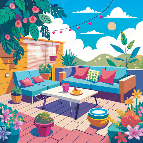Colorful outdoor patio with furniture and plants