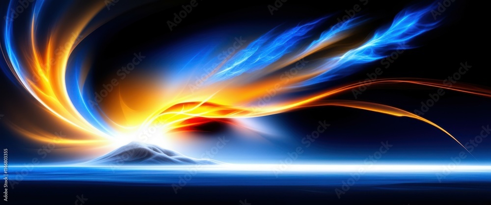 Naklejka premium Abstract energy waves, vibrant blue and orange colors, cosmic light trails, dynamic motion, dark background, ethereal glow, swirling patterns, digital art, futuristic, sci-fi aesthetic, high contrast,