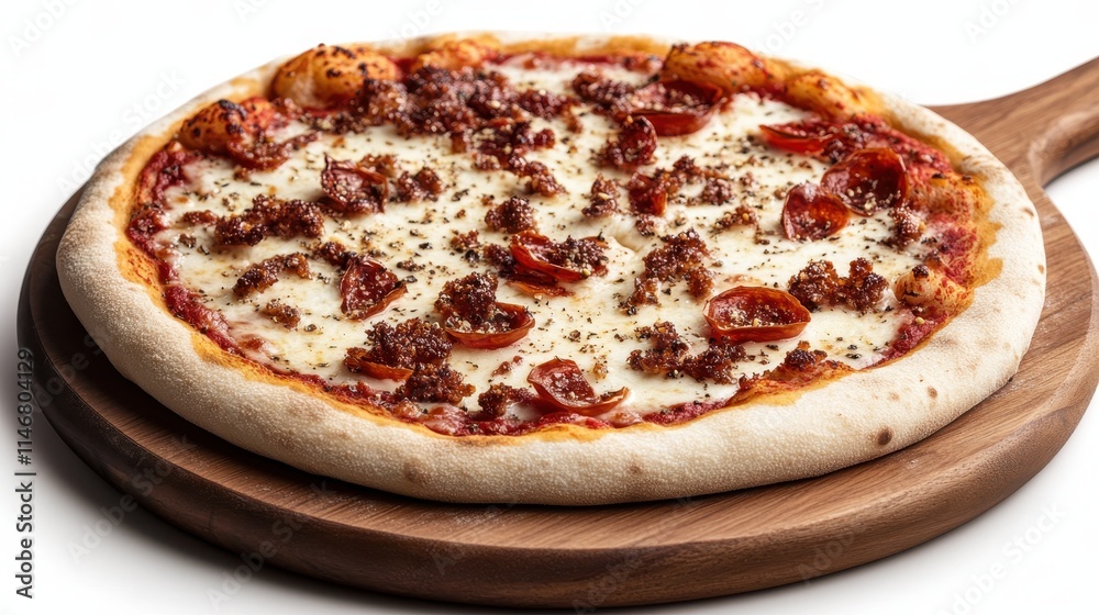 A delicious meat pizza topped with cheese, pepperoni, and herbs, served on a wooden board. A delicious meat pizza topped with cheese, pepperoni, and herbs, served on a wooden board.