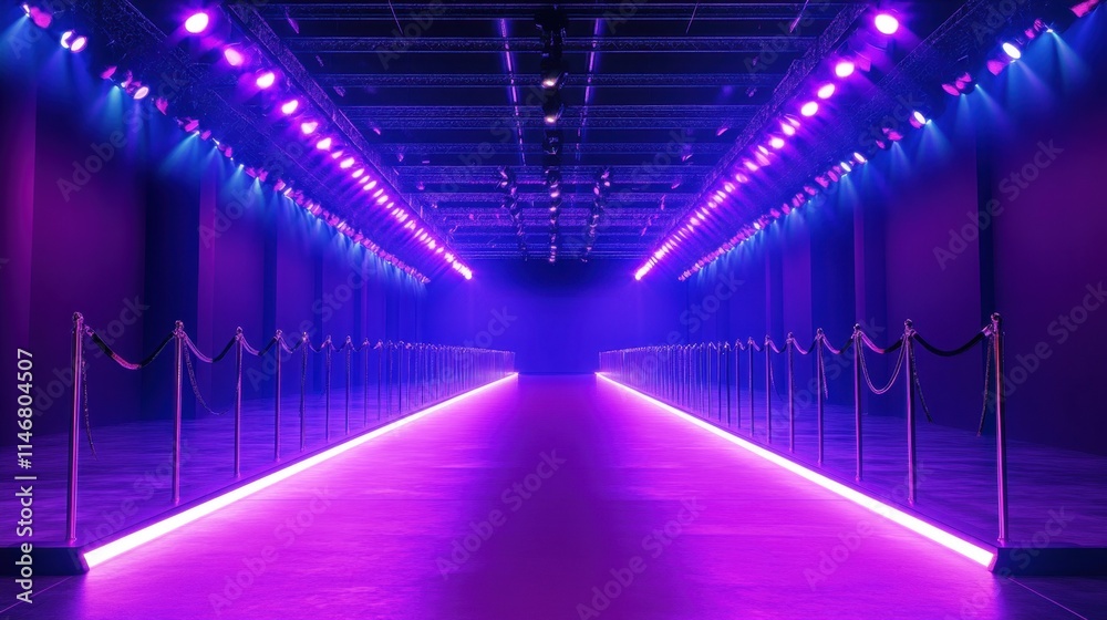 Futuristic Exhibition Space with Purple Lights and Roped Pathway